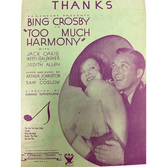 Thanks Sheet Music 1933 Too Much Harmony Johnston Coslow Bing Crosby - Picture 2 of 5